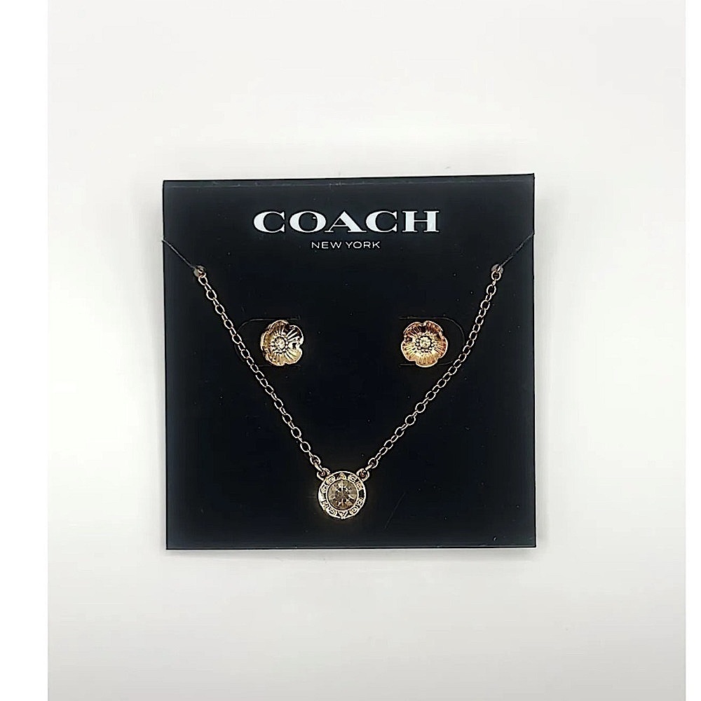 Coach Open Circle Necklace Tea Rose Stud Earrings Set NWT